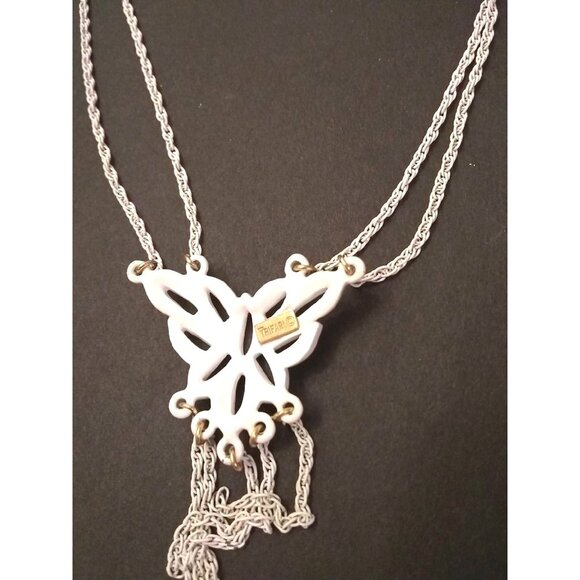 Vtg Crown Trifari Necklace white enamel on metal tassel butterfly floral READ - Picture 4 of 12